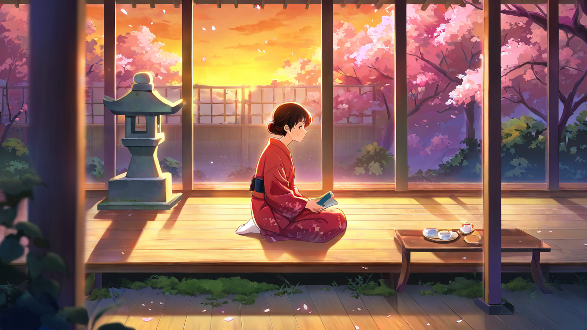 girl reading engawa lofi wallpaper