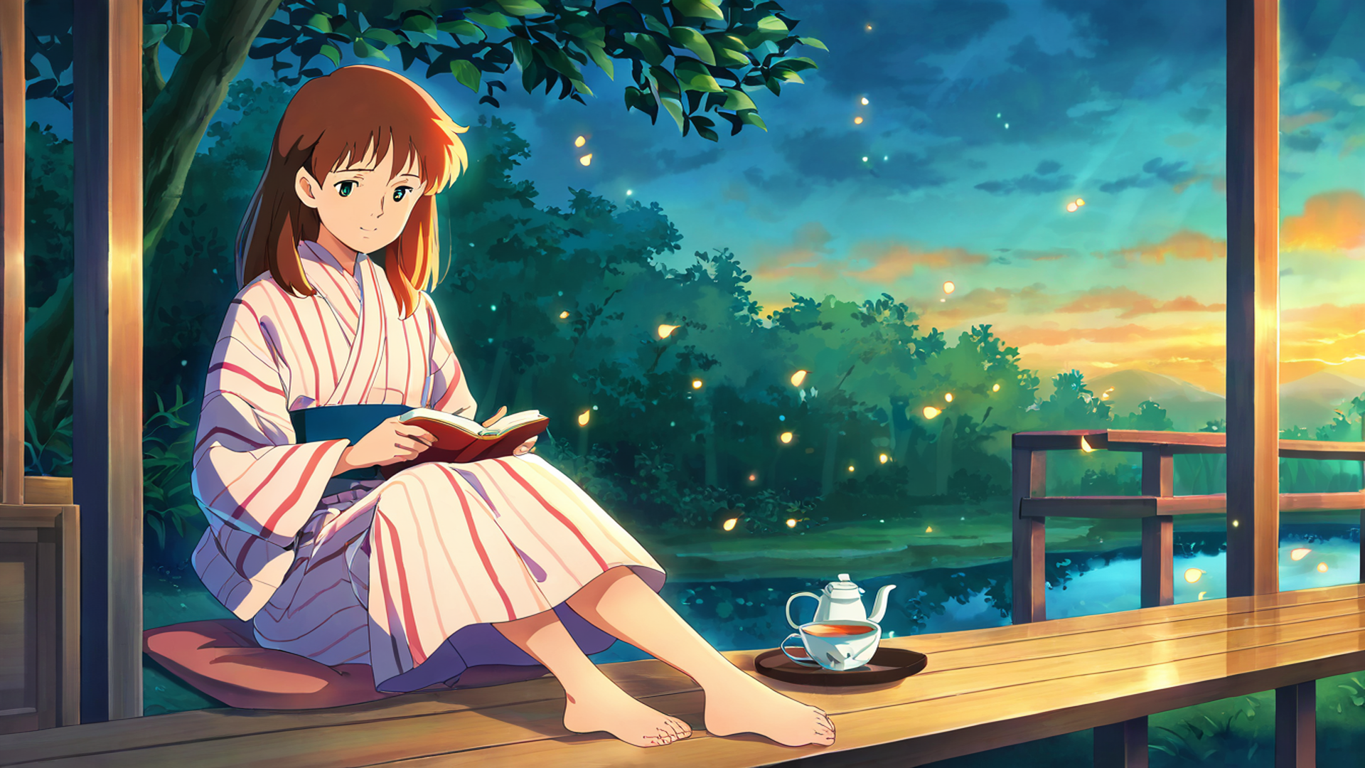 girl reading engawa lofi wallpaper
