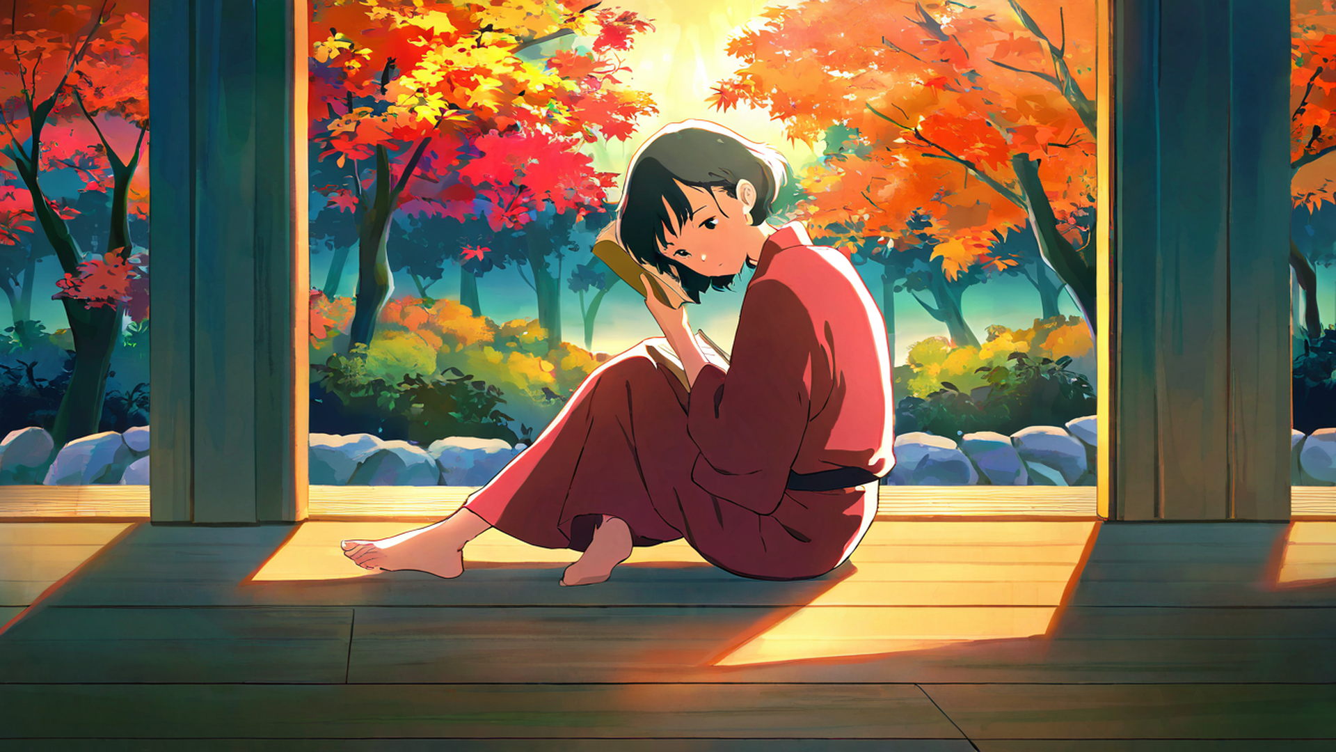 girl reading engawa lofi wallpaper