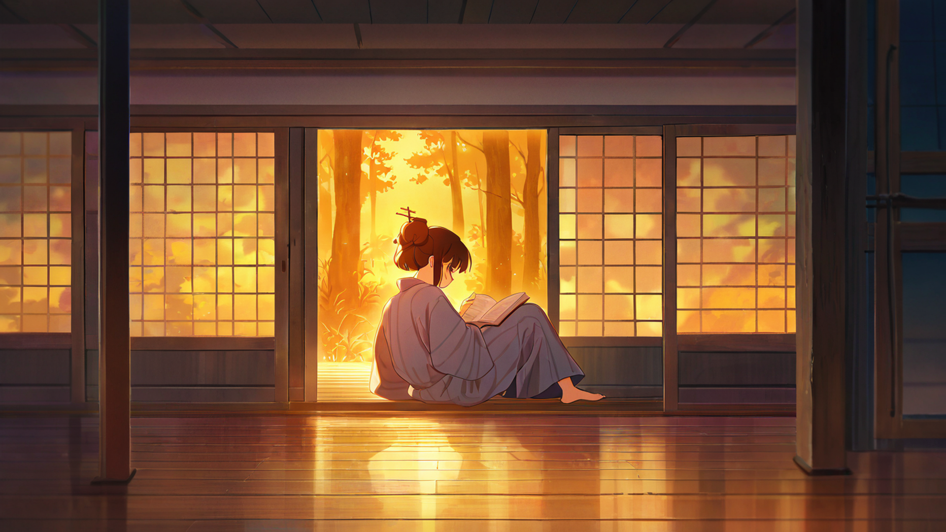 girl reading engawa lofi wallpaper