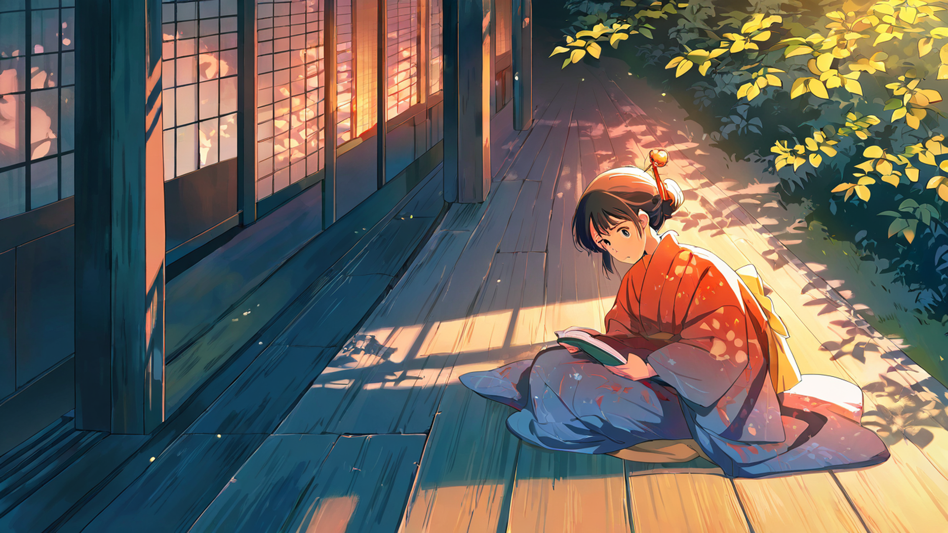 girl reading engawa lofi wallpaper