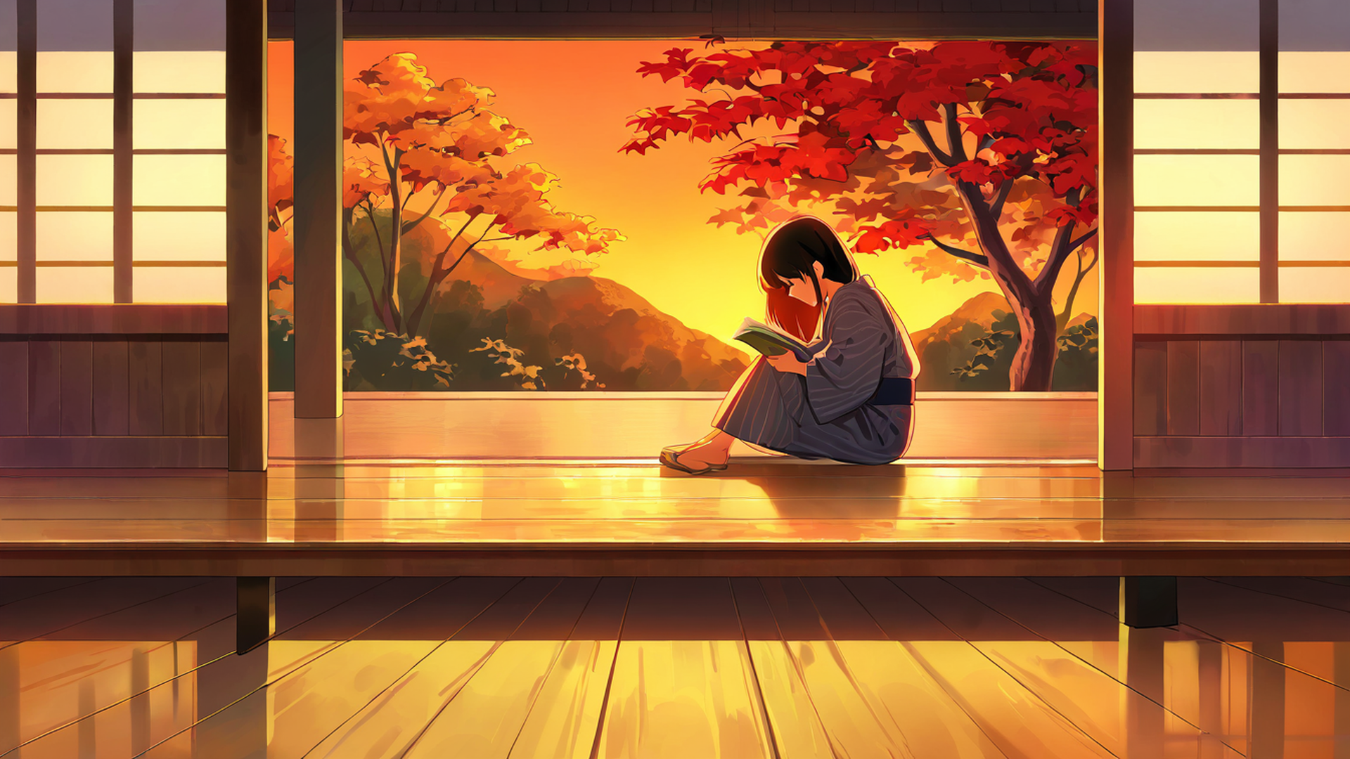 girl reading engawa lofi wallpaper