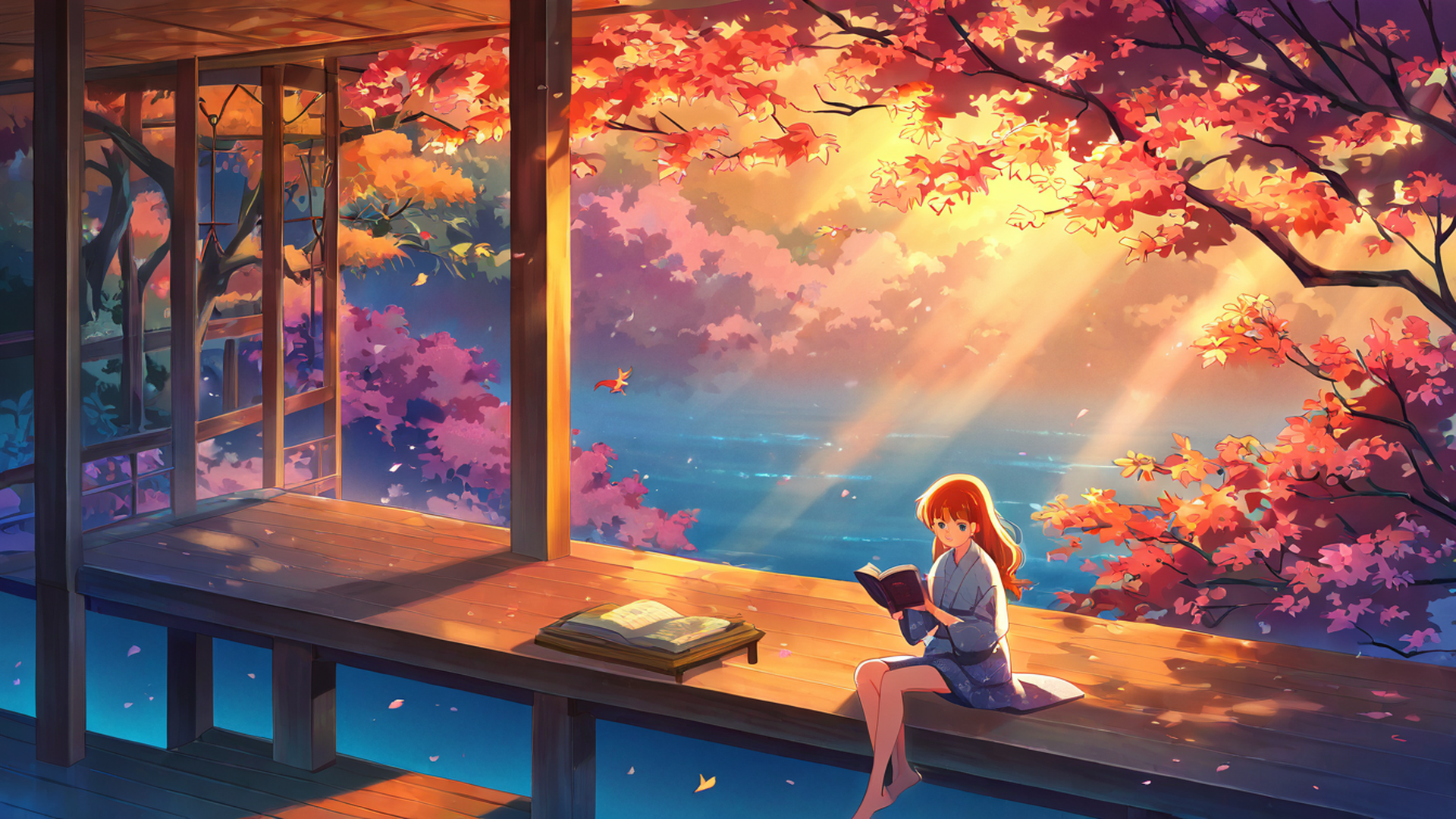girl reading engawa lofi wallpaper