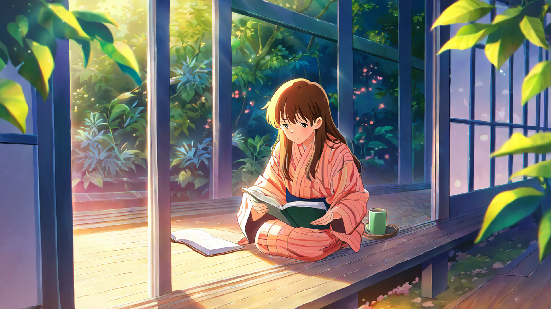 girl reading engawa lofi wallpaper