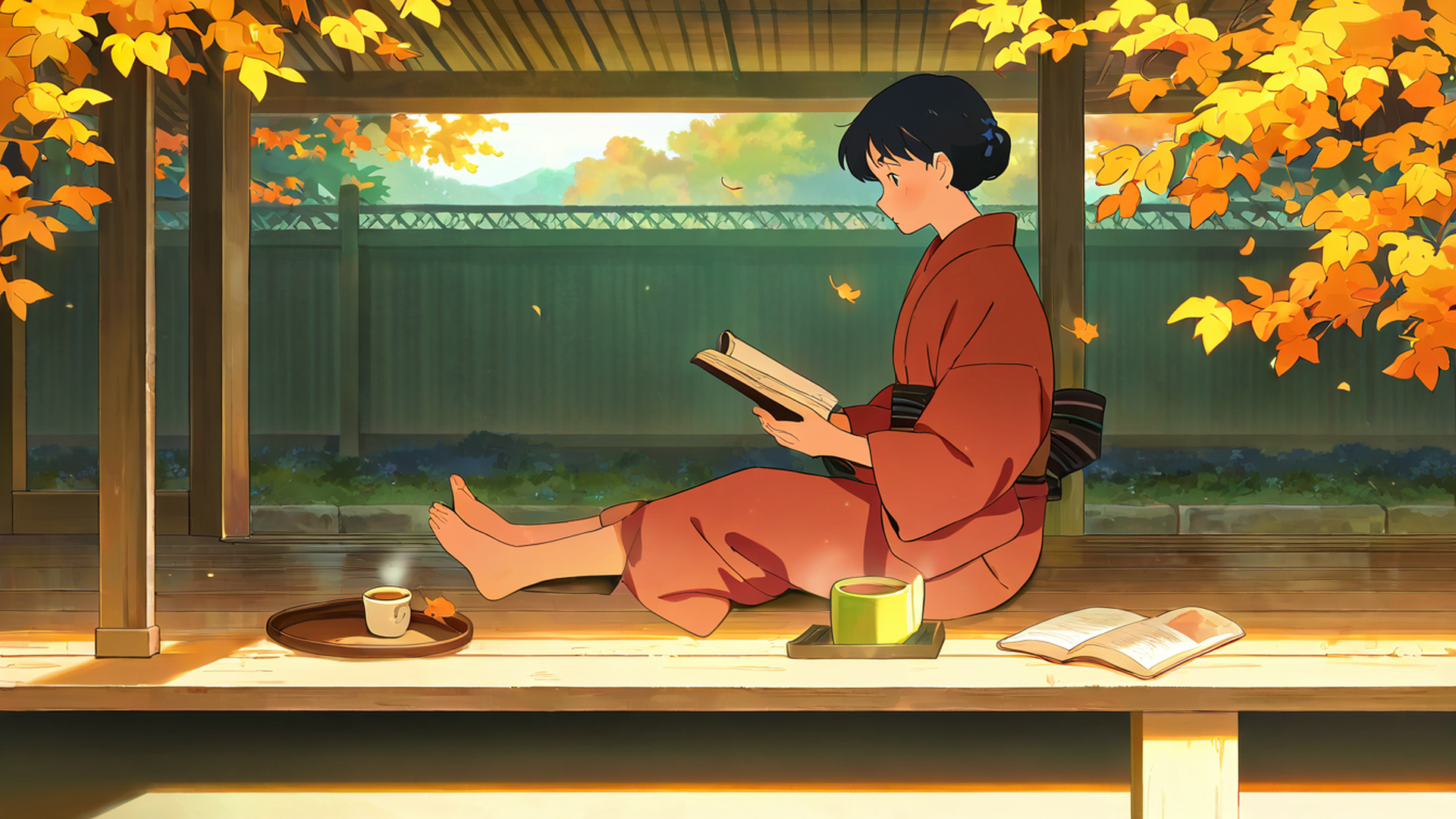 girl reading engawa lofi wallpaper