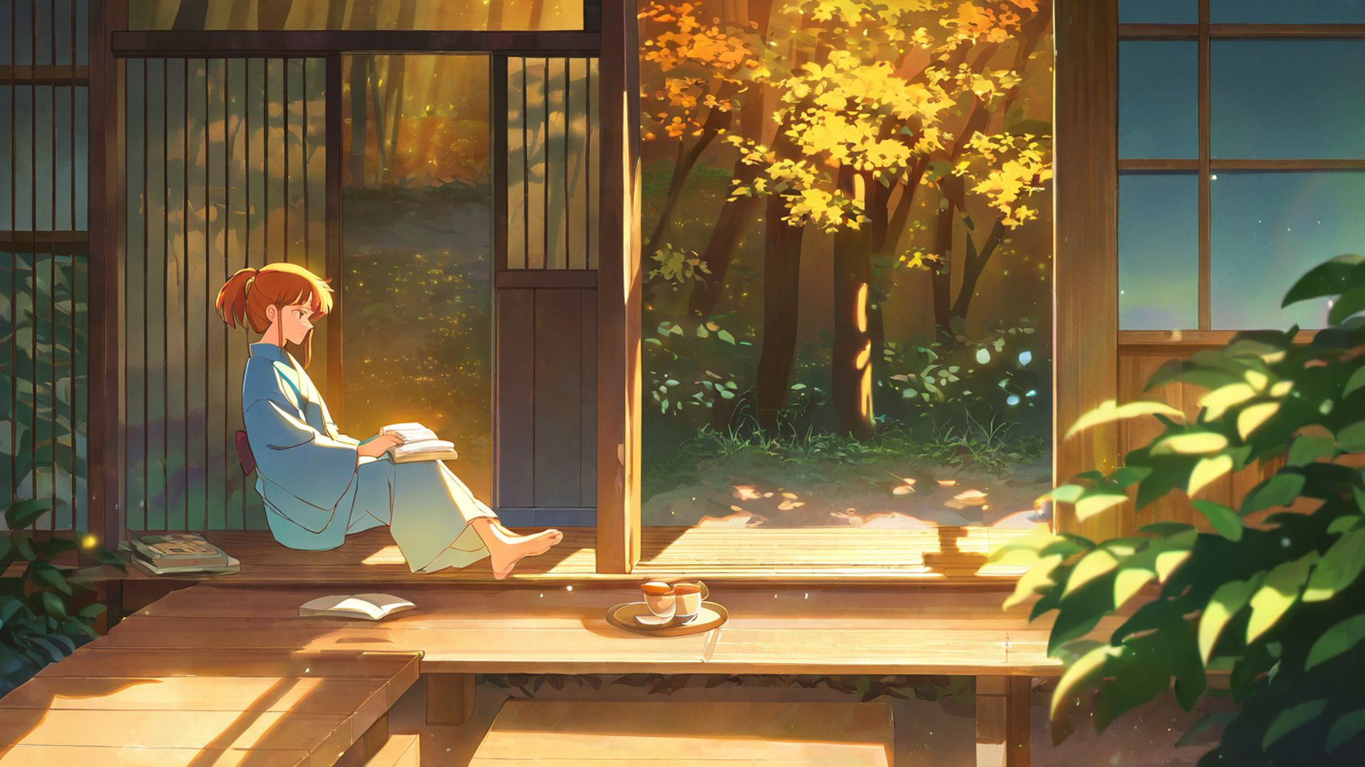 girl reading engawa lofi wallpaper