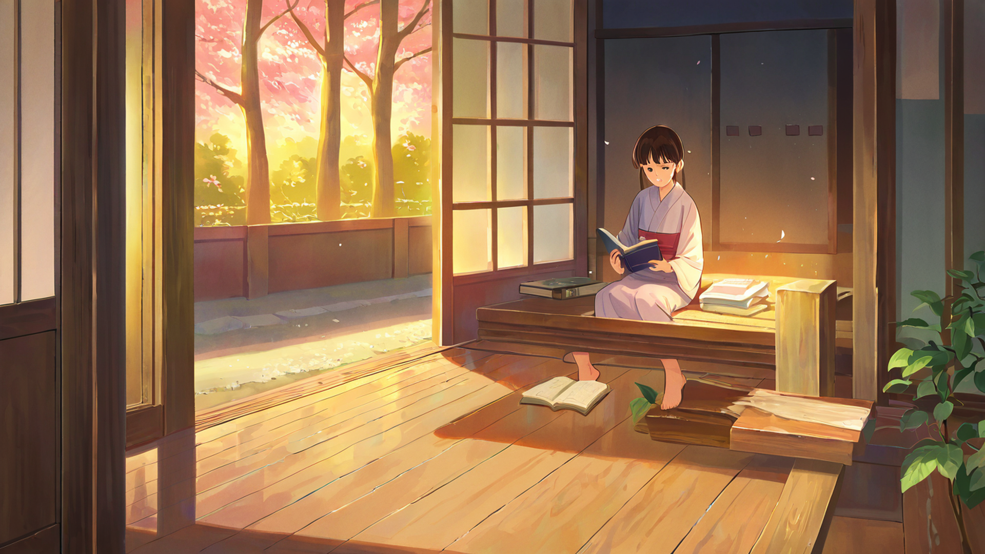 girl reading engawa lofi wallpaper