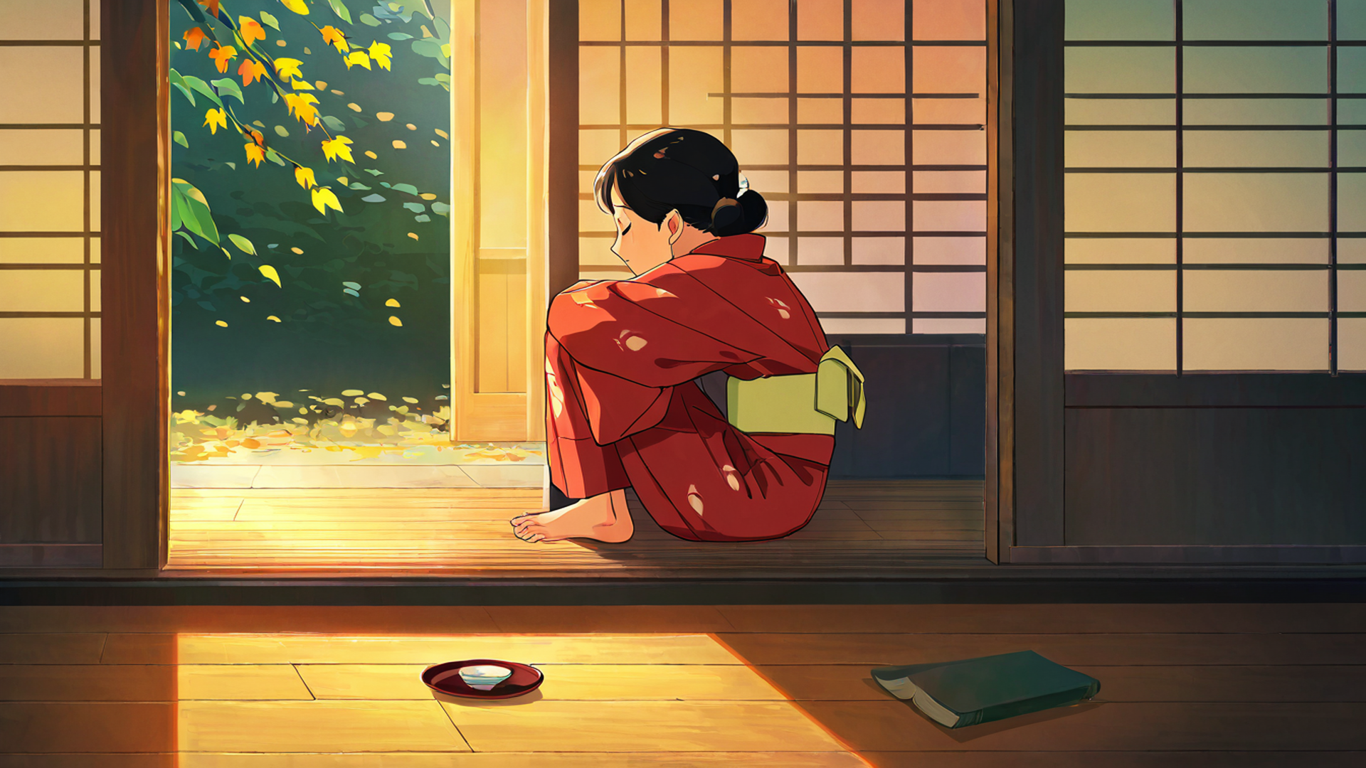 girl reading engawa lofi wallpaper
