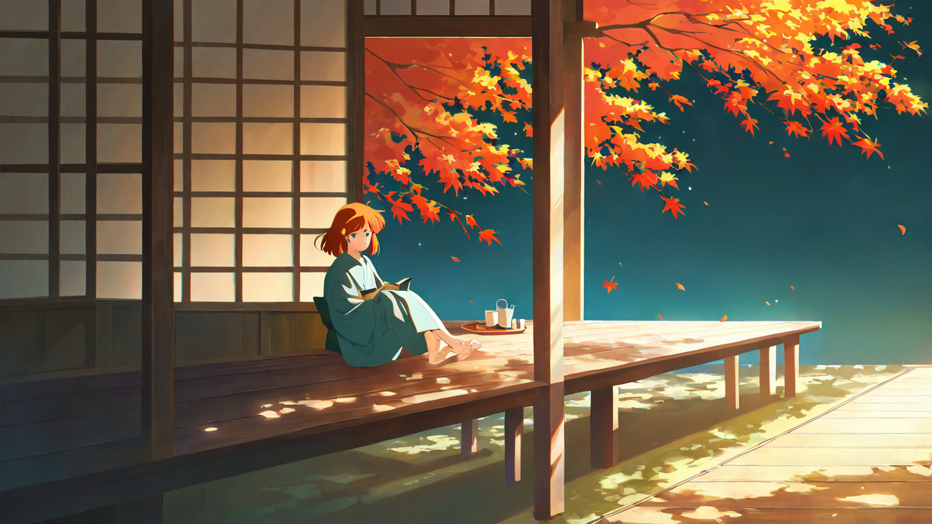 girl reading engawa lofi wallpaper