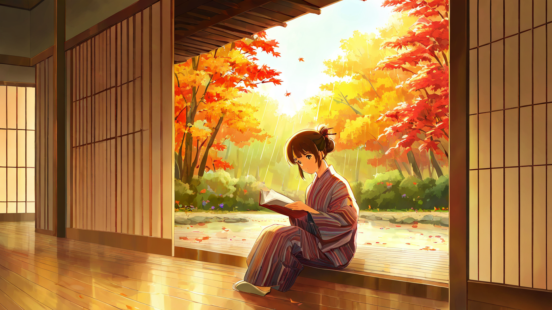 girl reading engawa lofi wallpaper