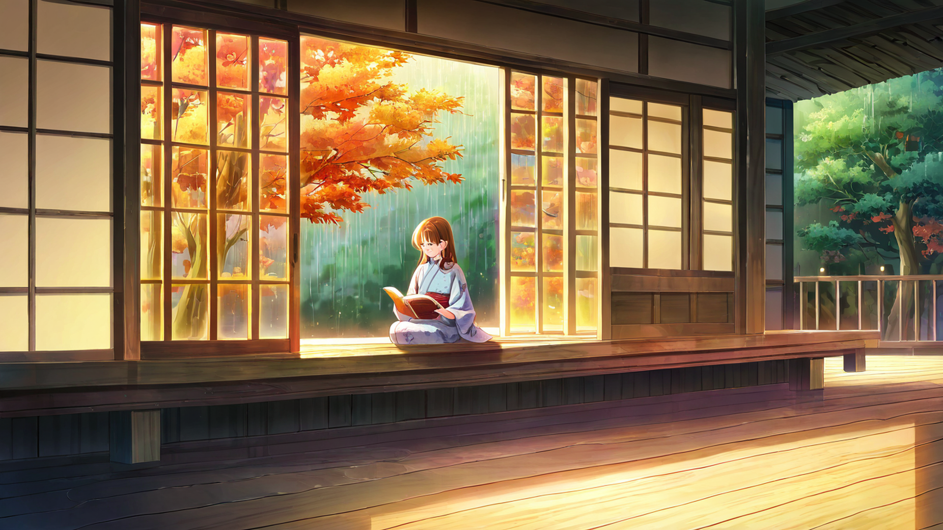 girl reading engawa lofi wallpaper