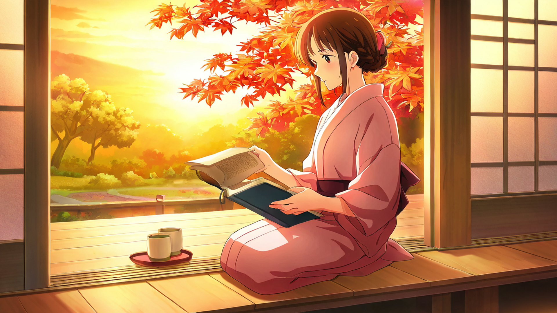 girl reading engawa lofi wallpaper