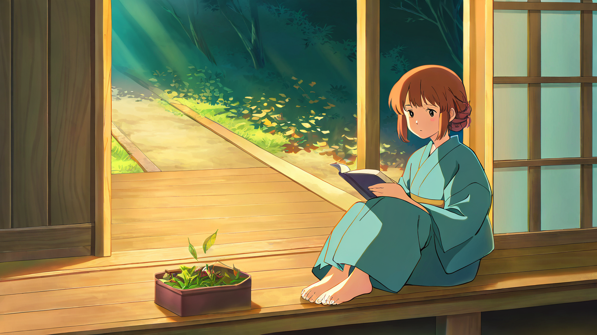 girl reading engawa lofi wallpaper