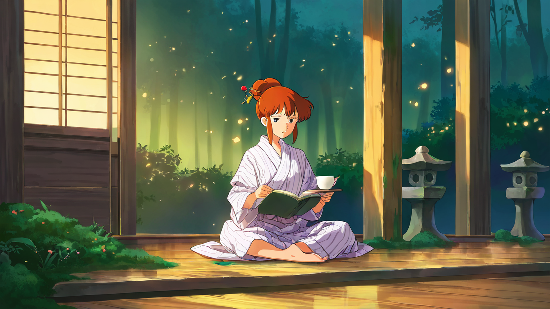 girl reading engawa lofi wallpaper