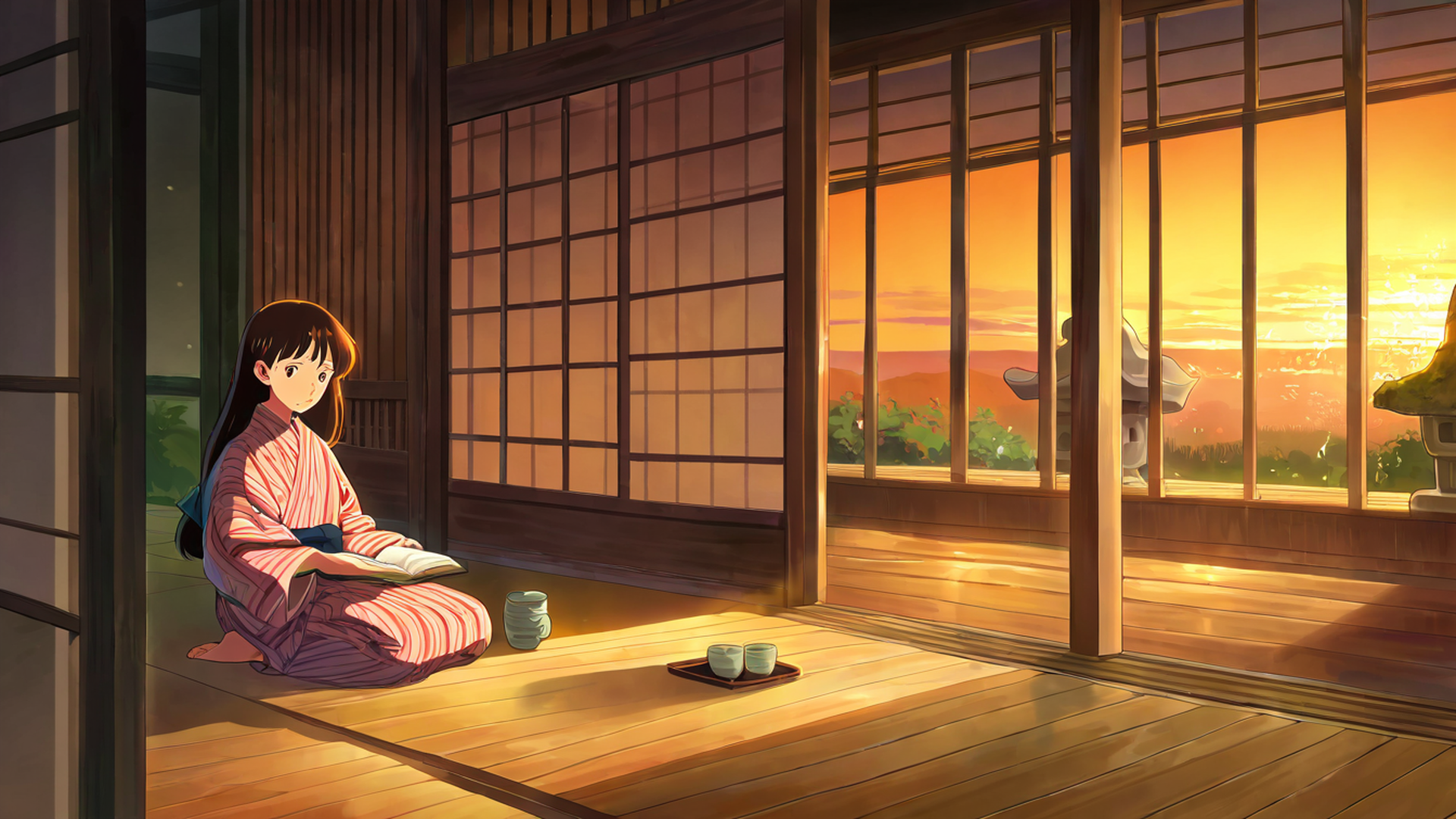 girl reading engawa lofi wallpaper