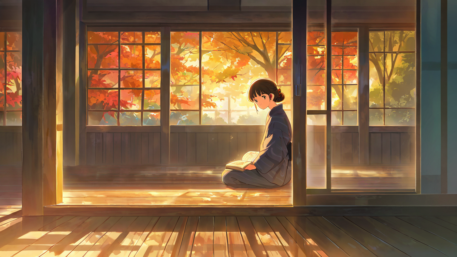 girl reading engawa lofi wallpaper