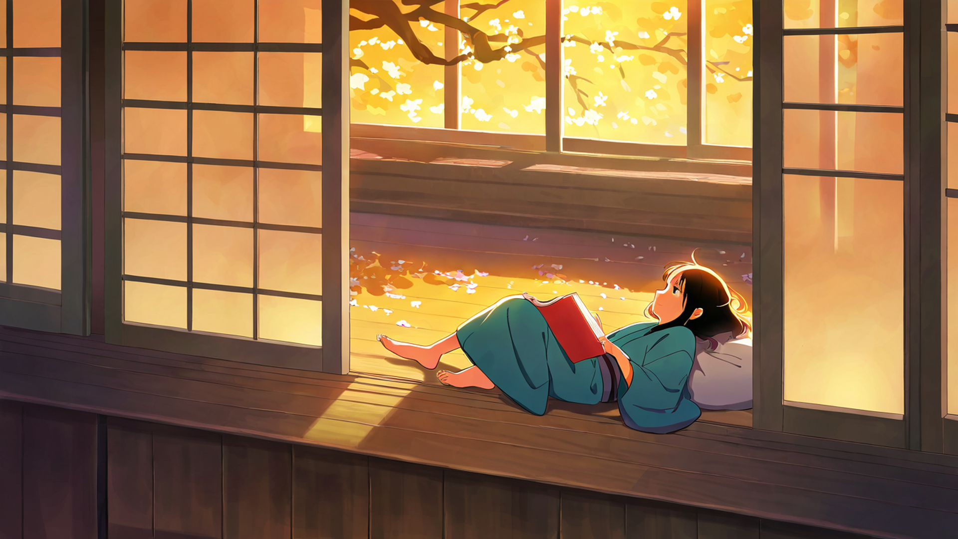 girl reading engawa lofi wallpaper