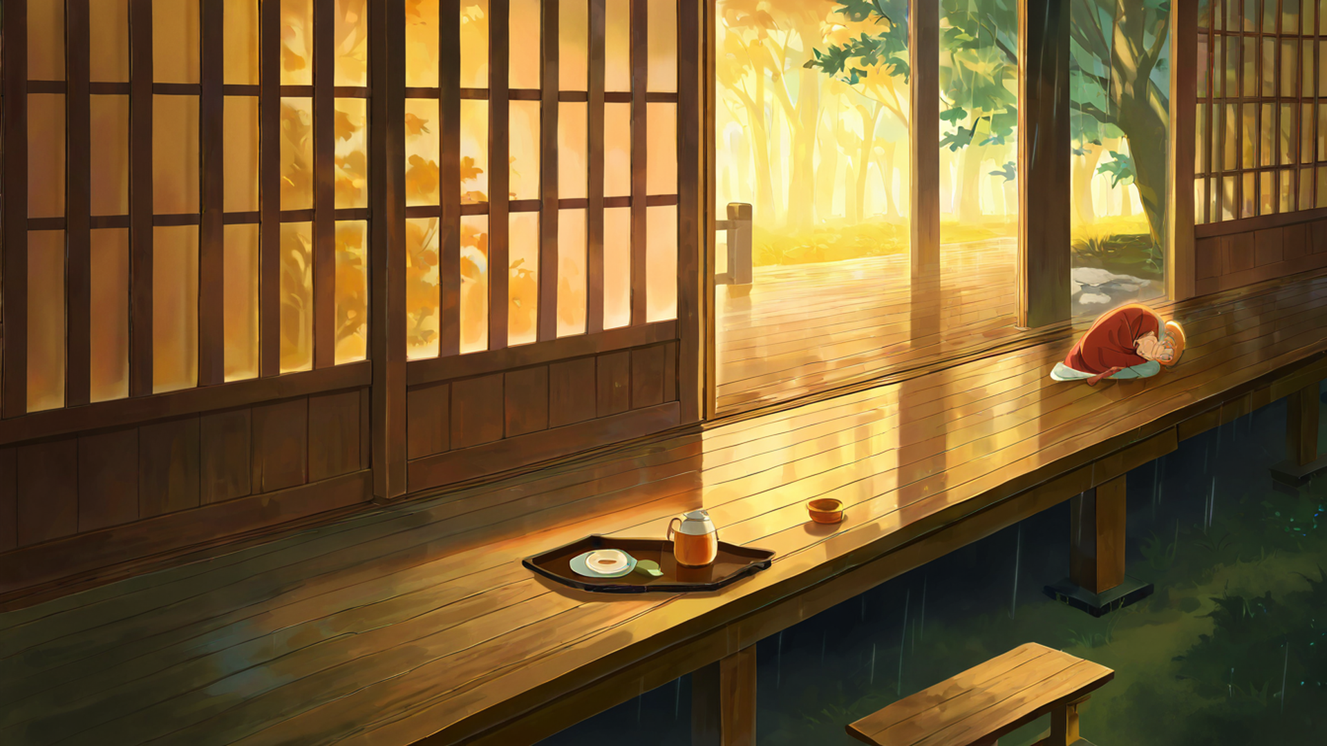 girl reading engawa lofi wallpaper