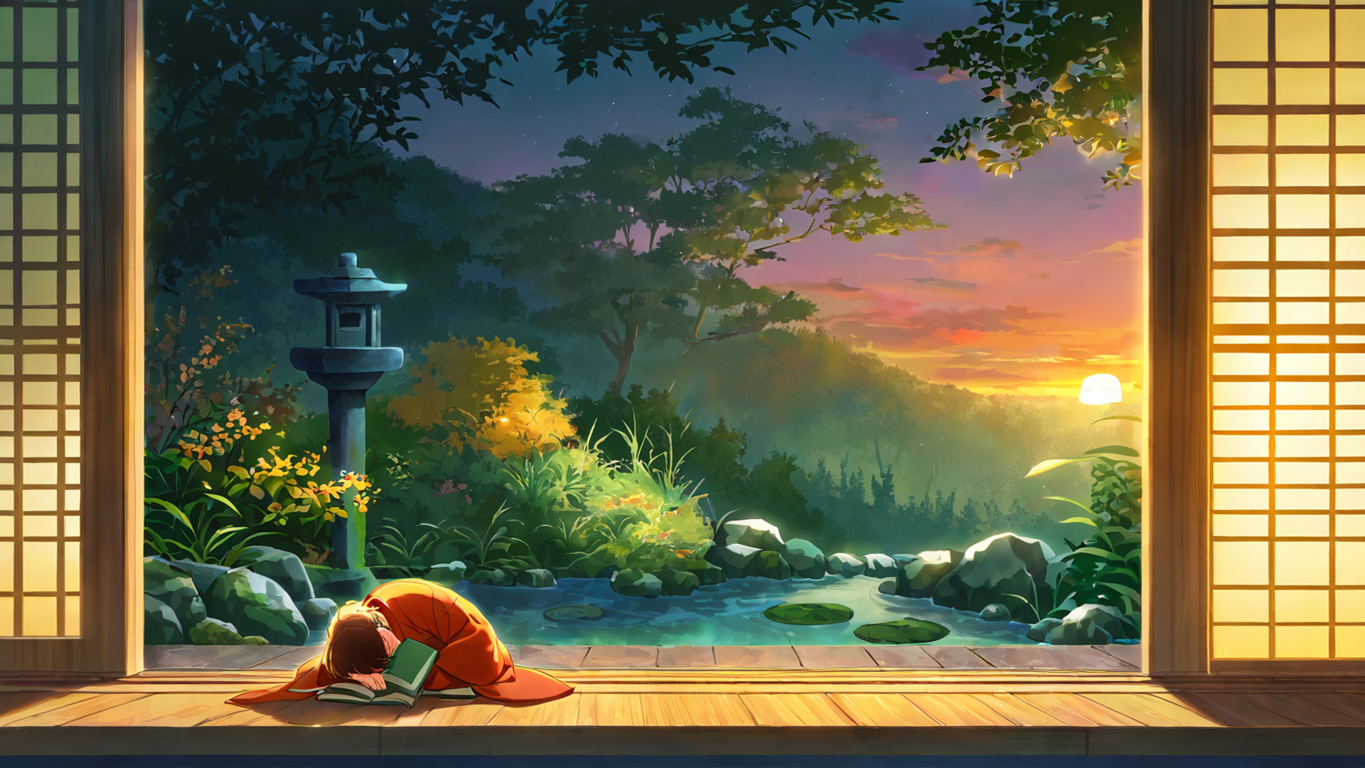 girl reading engawa lofi wallpaper