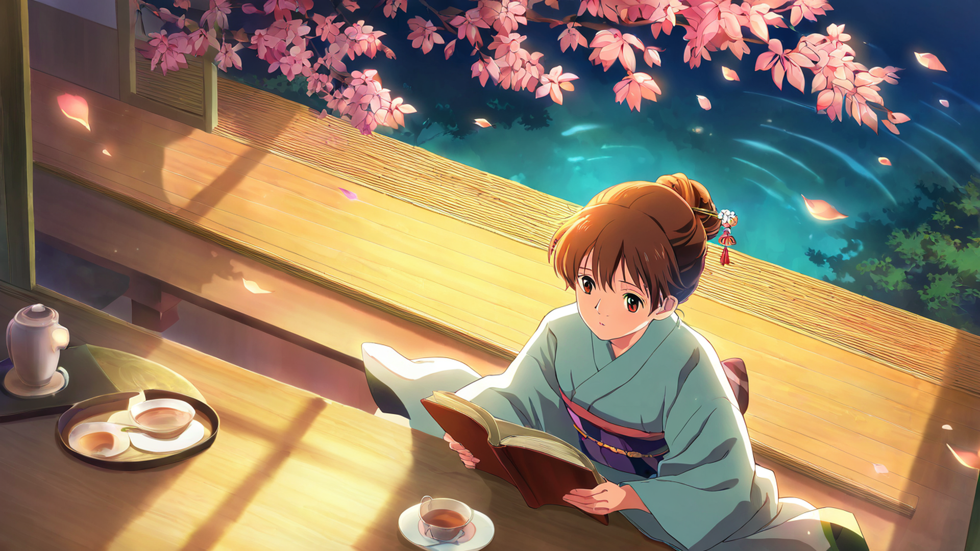 girl reading engawa lofi wallpaper