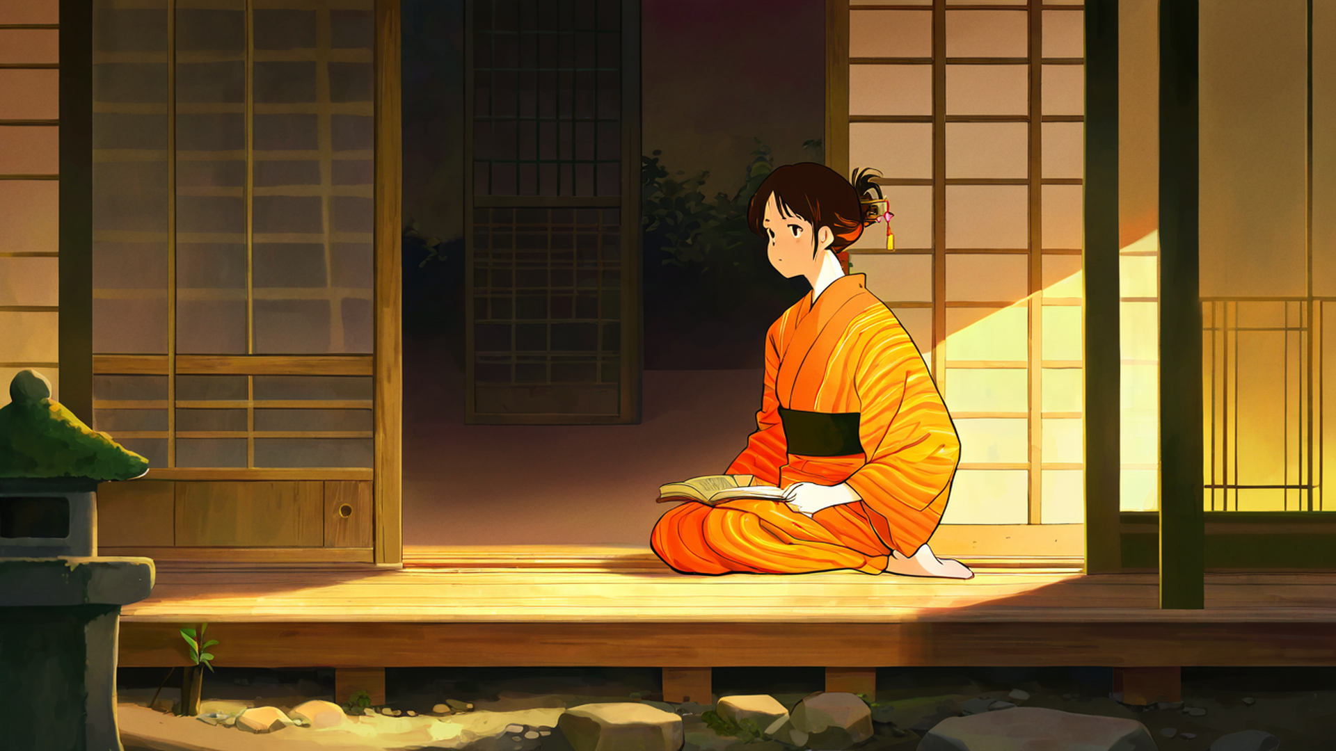 girl reading engawa lofi wallpaper