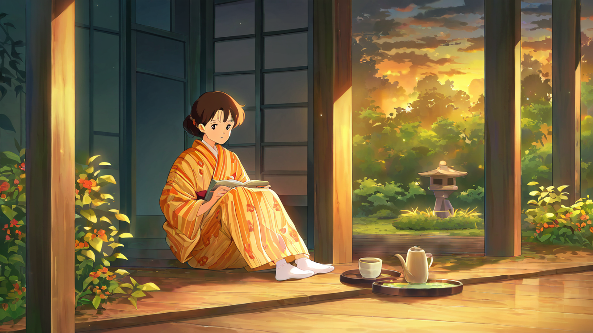 girl reading engawa lofi wallpaper