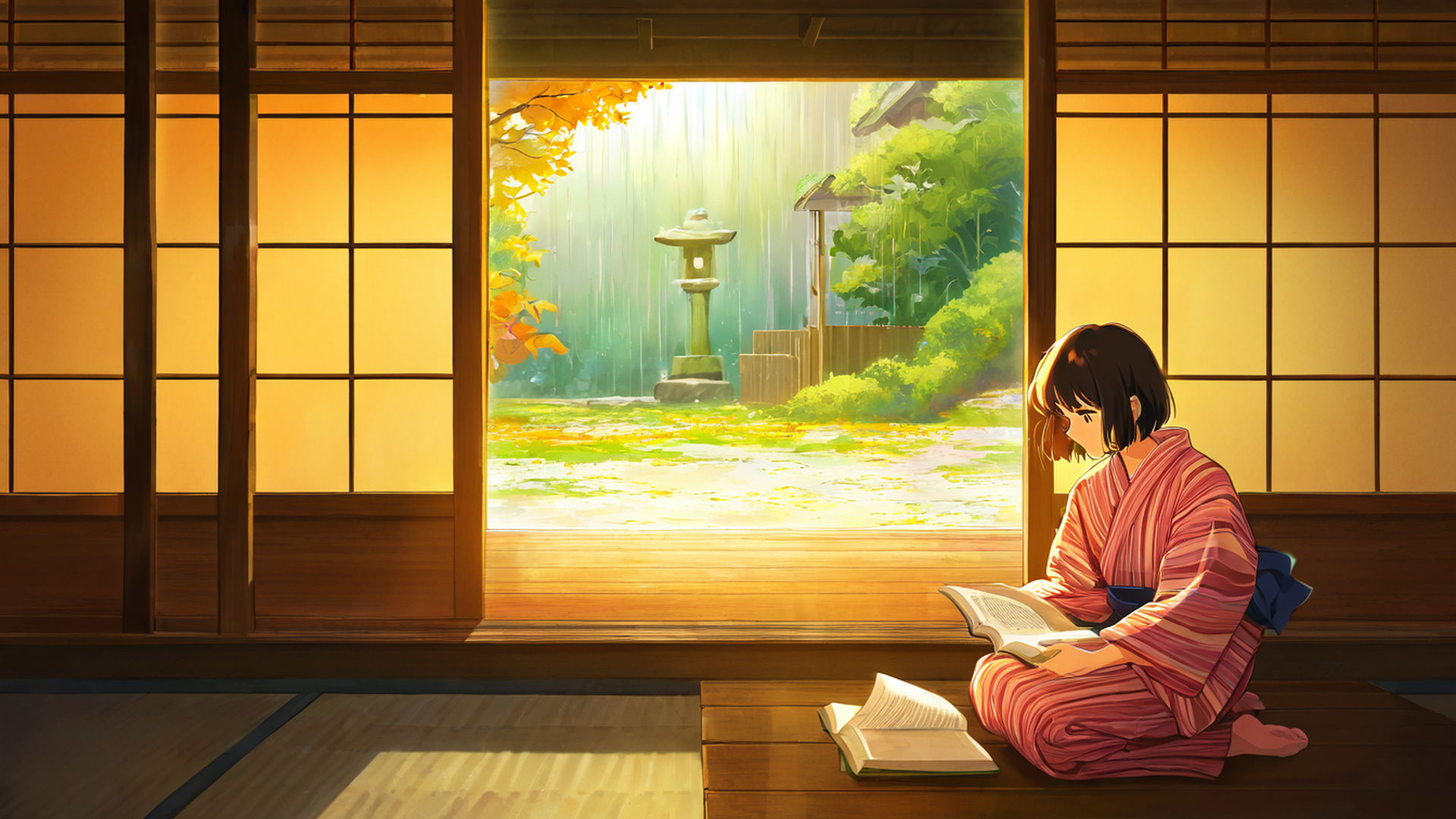 girl reading engawa lofi wallpaper