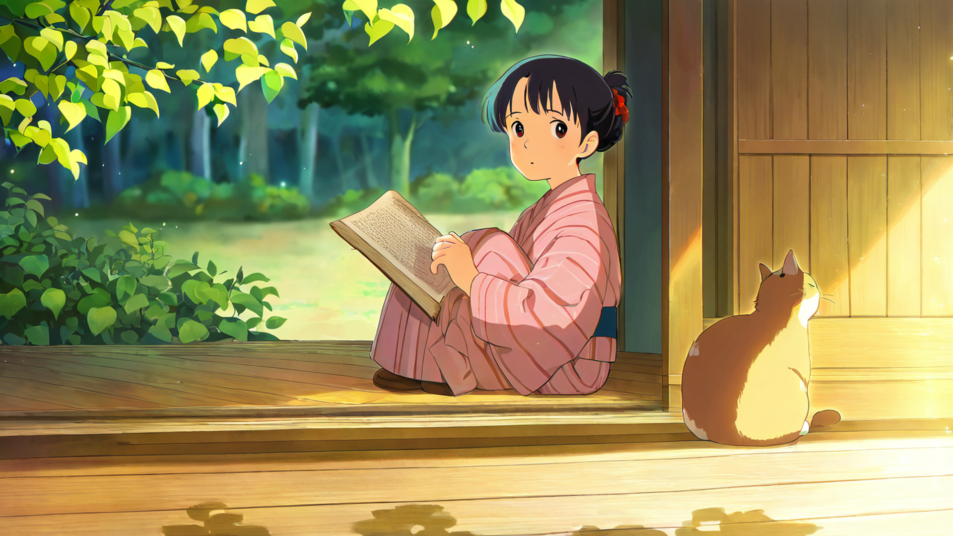 girl reading engawa lofi wallpaper