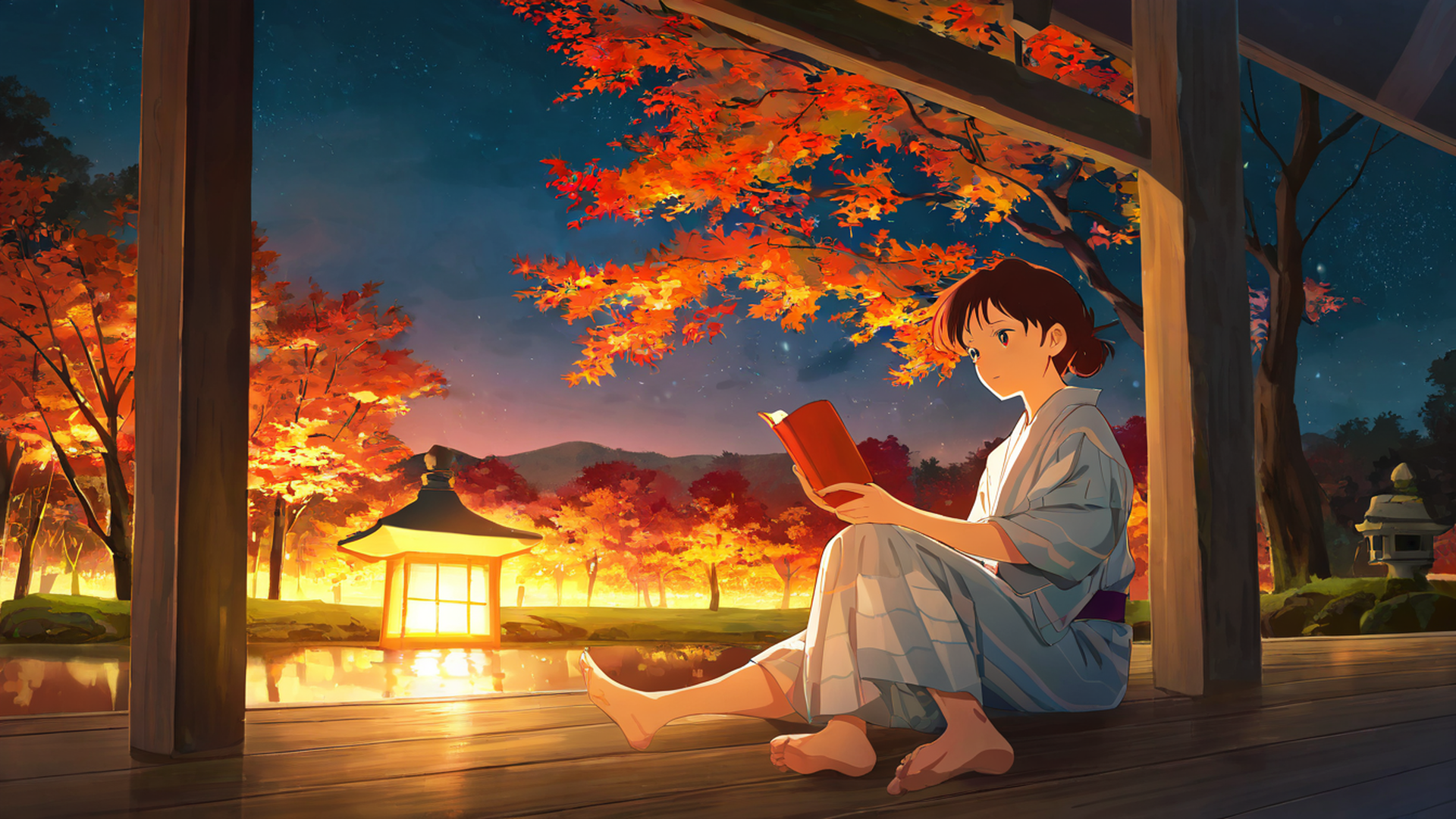 girl reading engawa lofi wallpaper