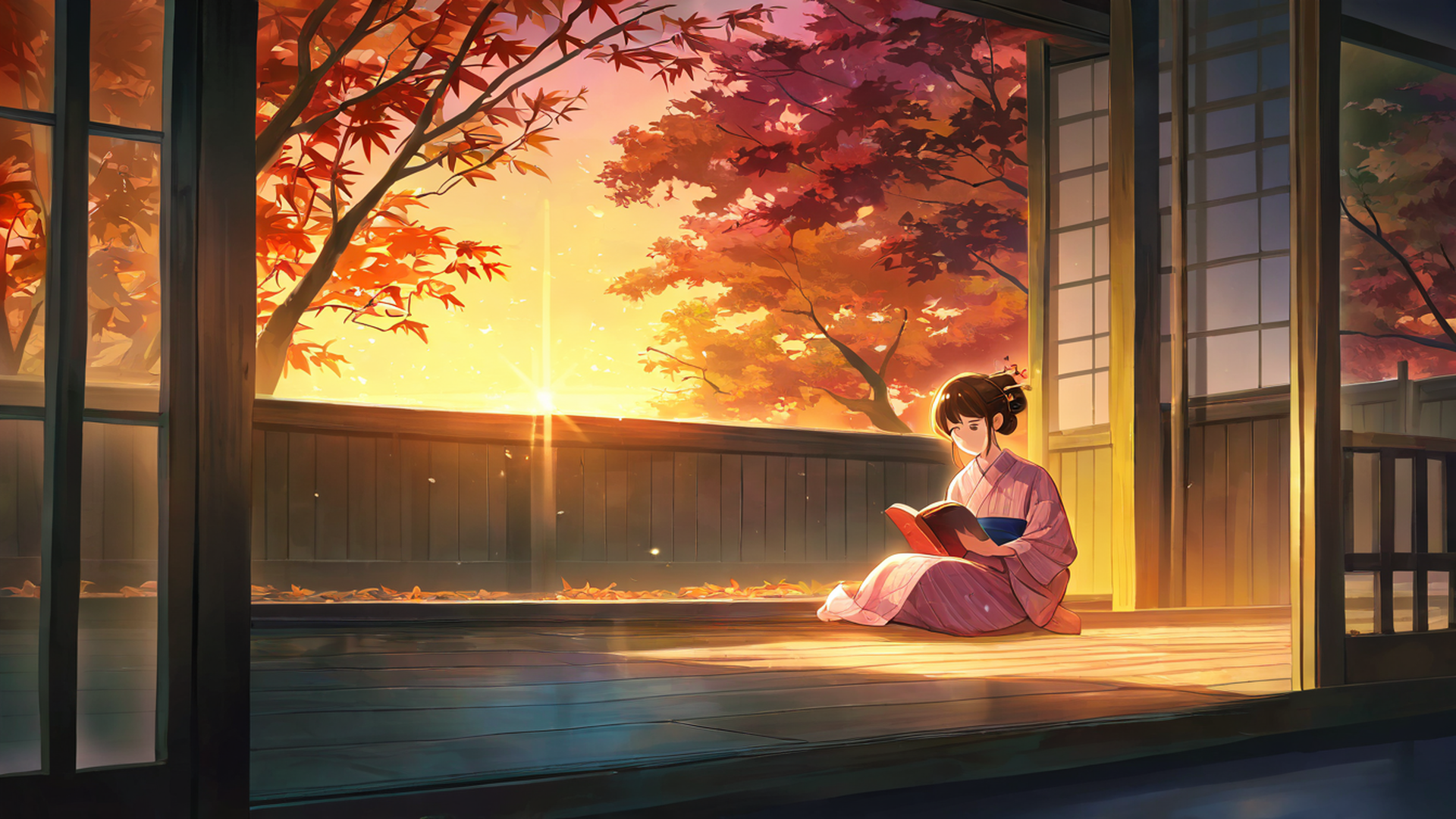 girl reading engawa lofi wallpaper
