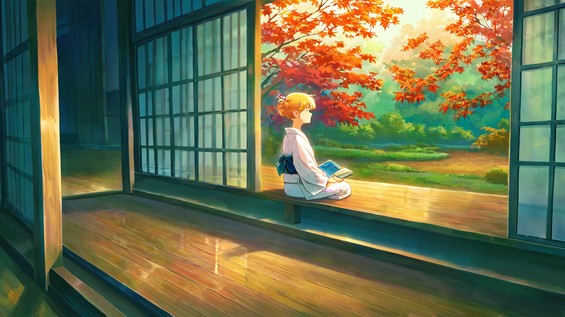 girl reading engawa lofi wallpaper