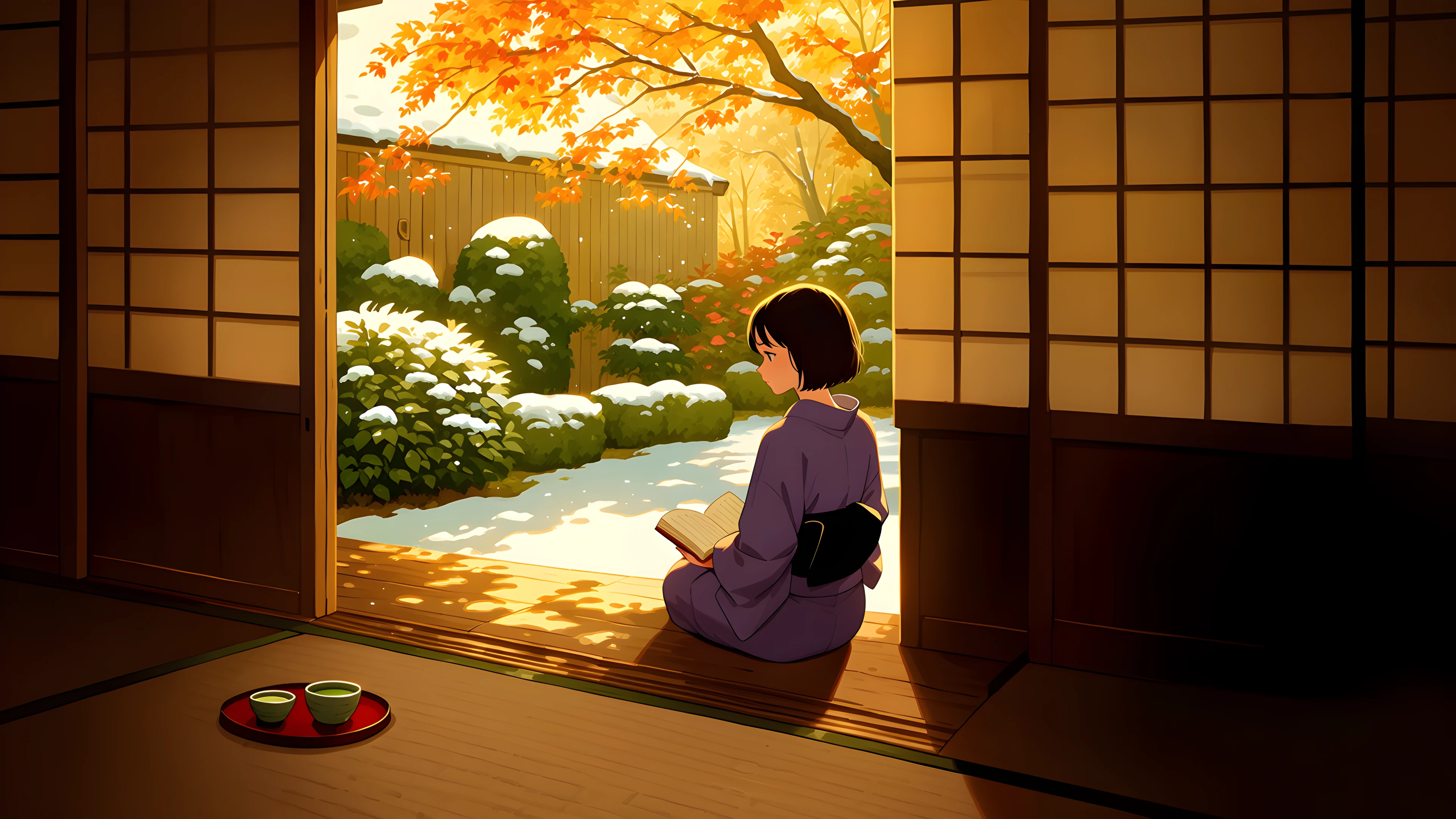 Girl Reading Engawa lofi wallpaper
