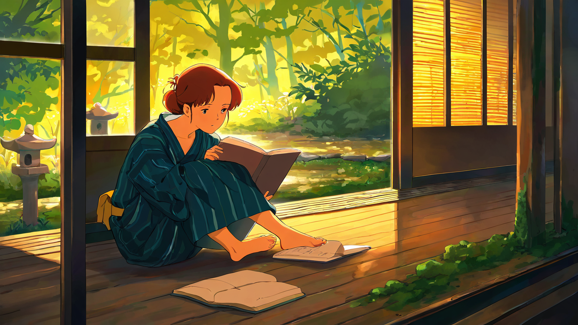 girl reading engawa lofi wallpaper