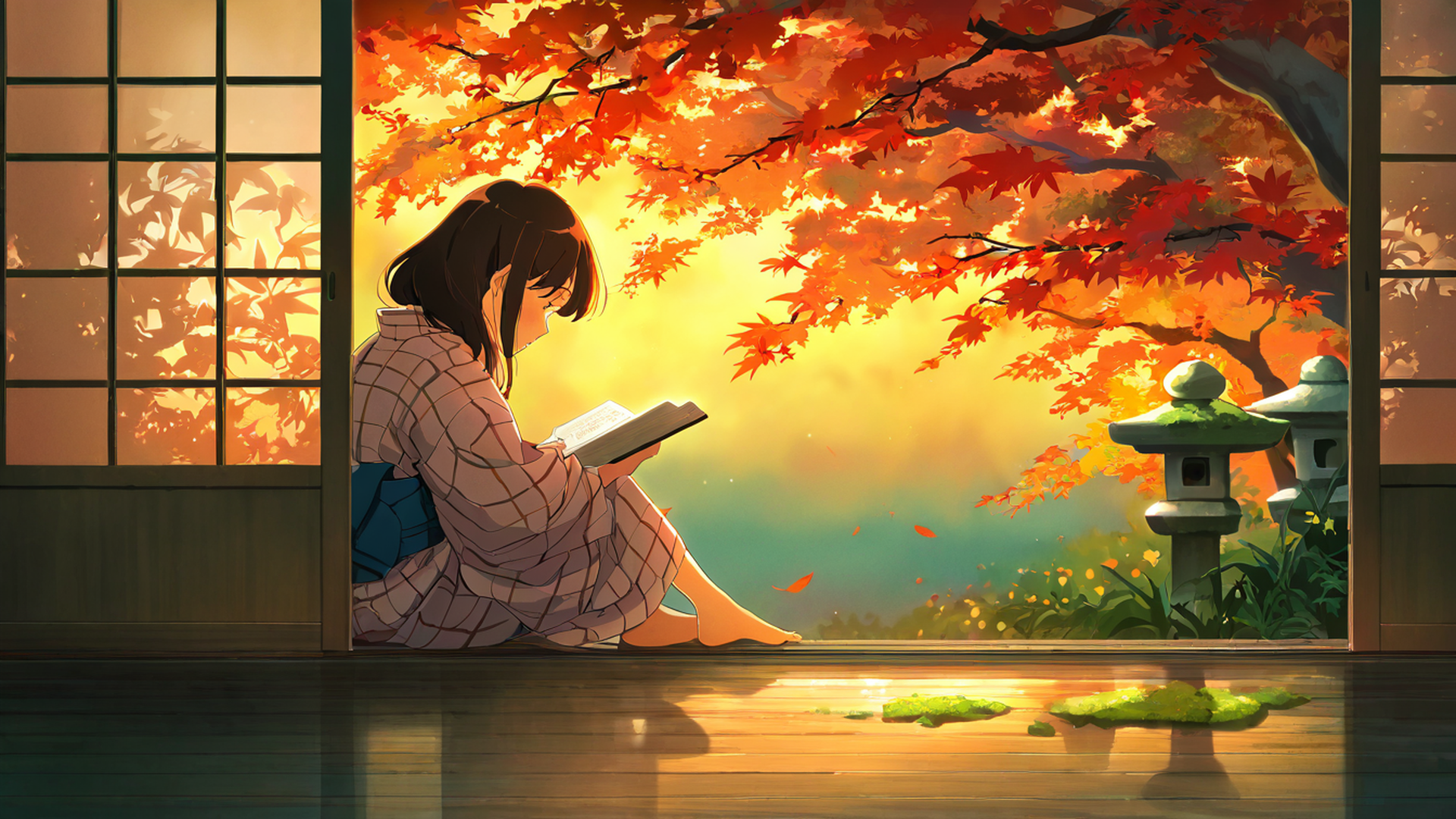 girl reading engawa lofi wallpaper