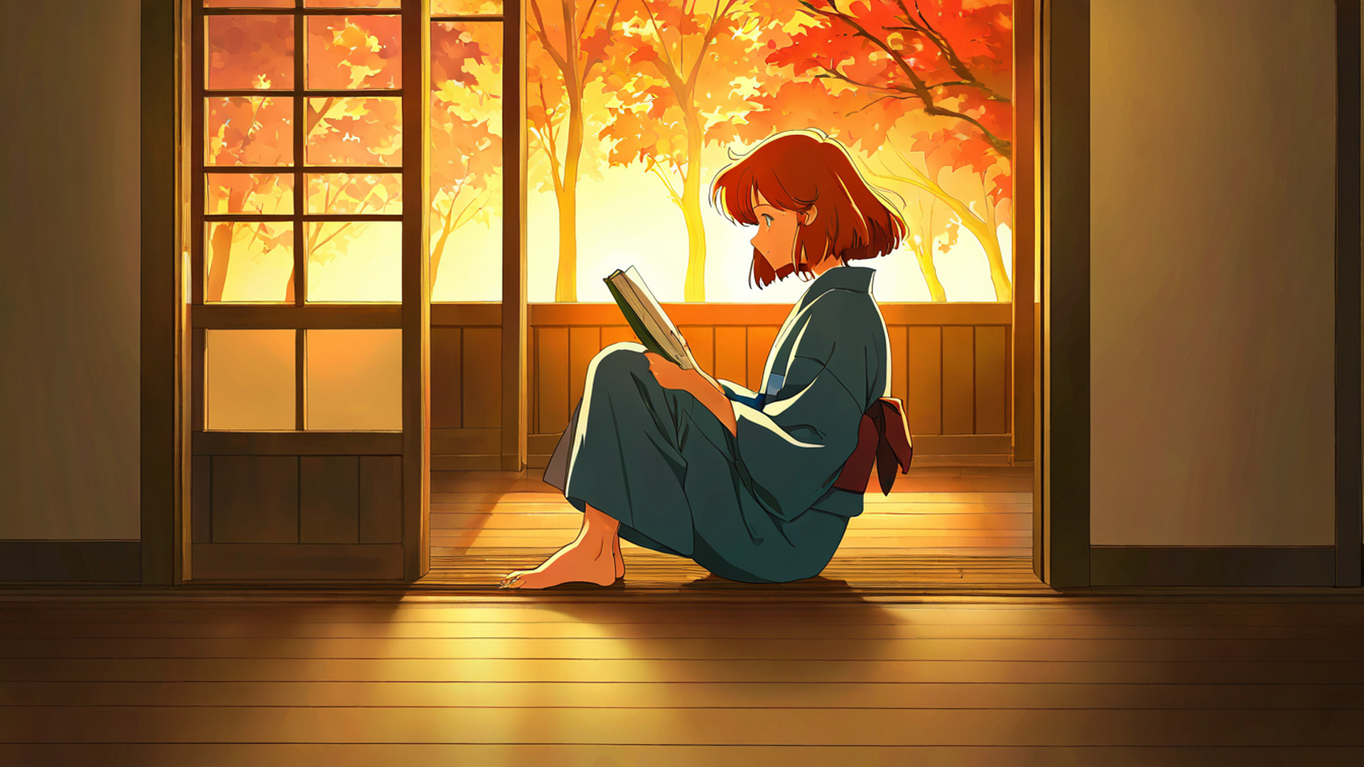 girl reading engawa lofi wallpaper
