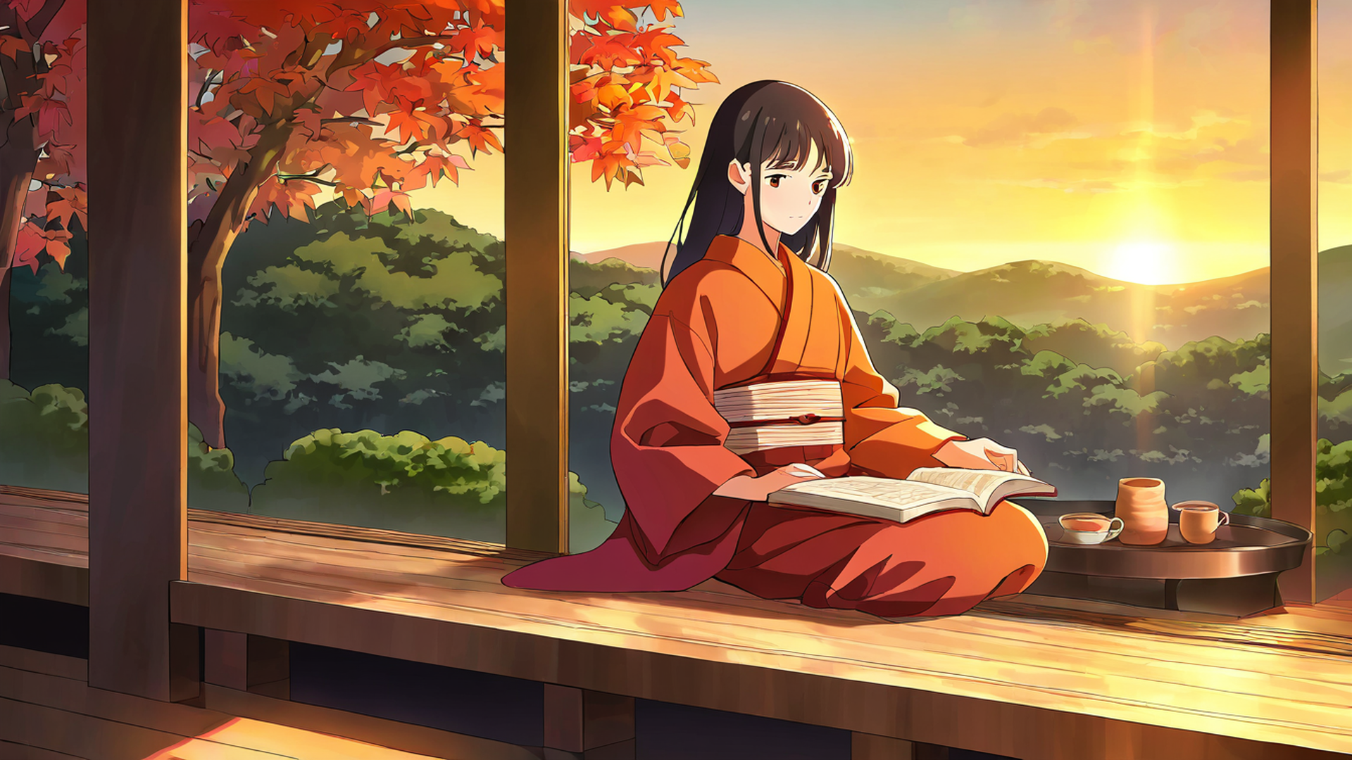 girl reading engawa lofi wallpaper