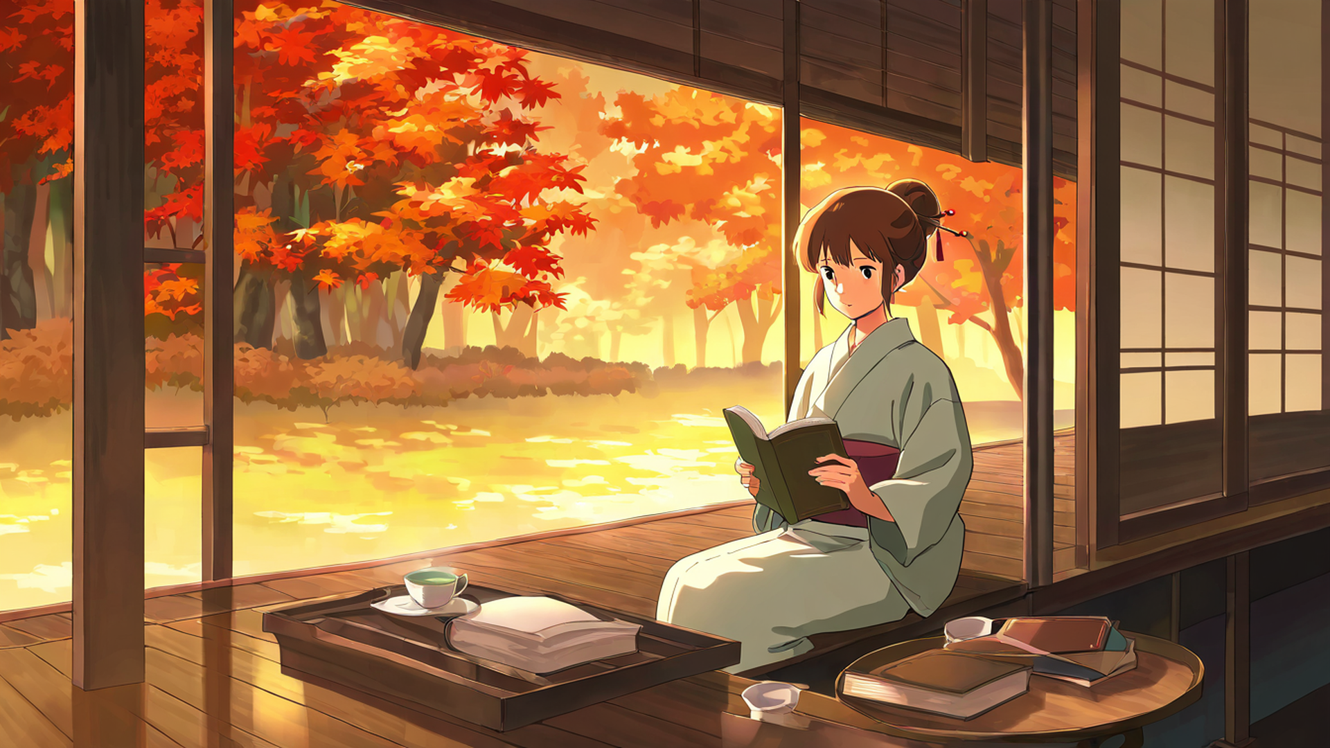 girl reading engawa lofi wallpaper
