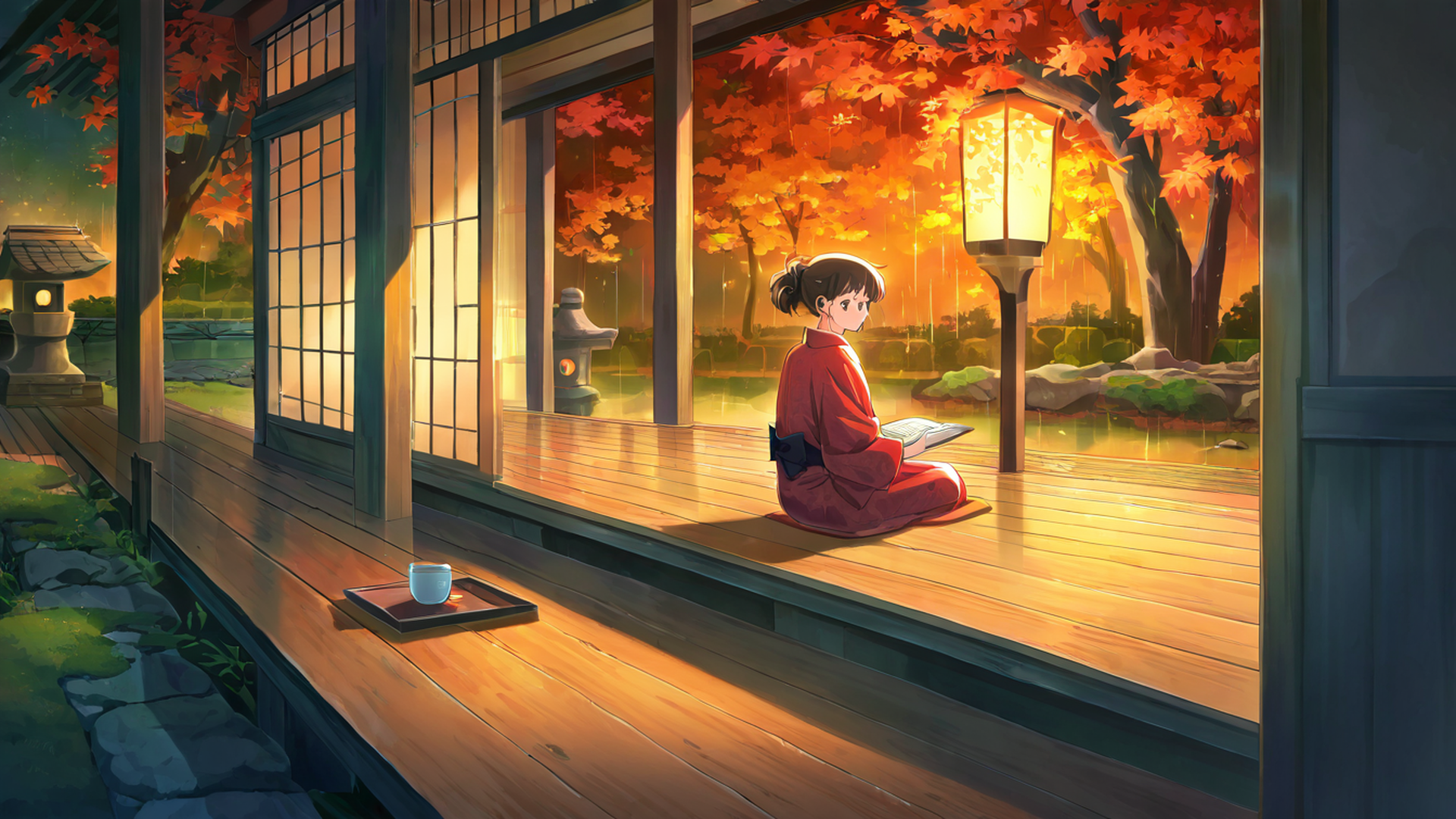 girl reading engawa lofi wallpaper