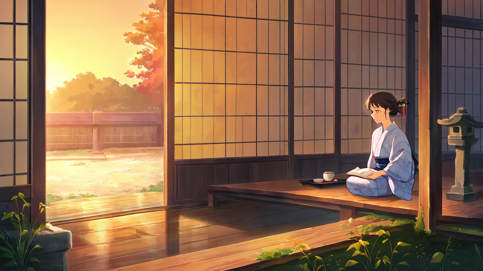girl reading engawa lofi wallpaper