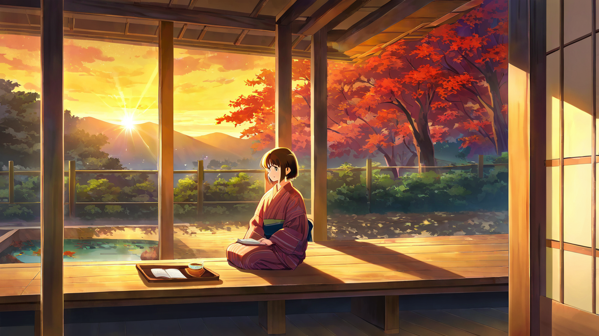 girl reading engawa lofi wallpaper