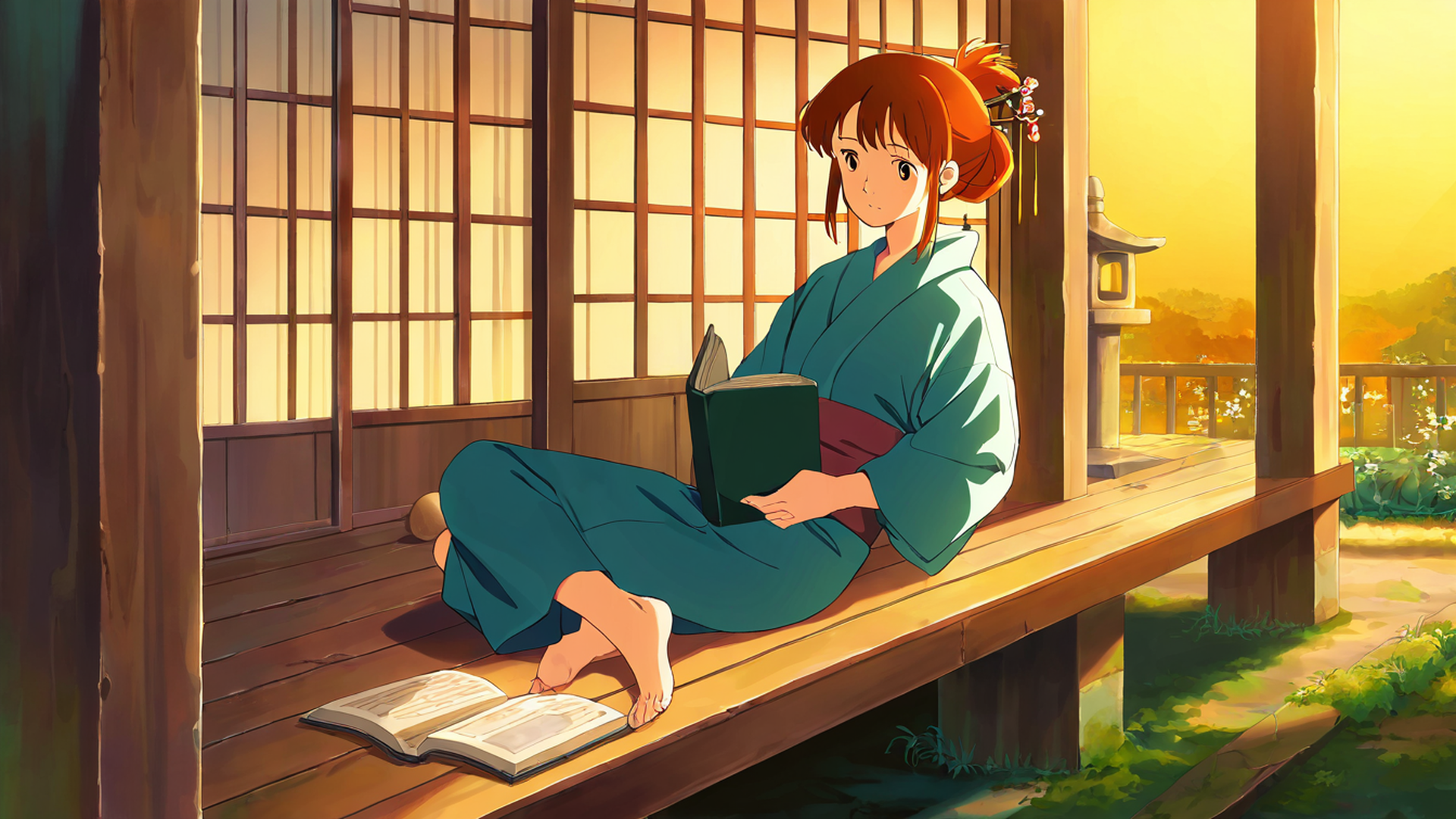 girl reading engawa lofi wallpaper