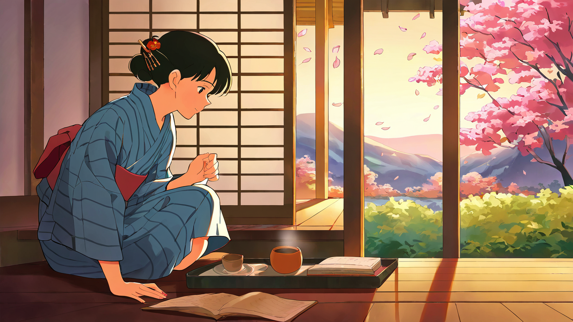 girl reading engawa lofi wallpaper