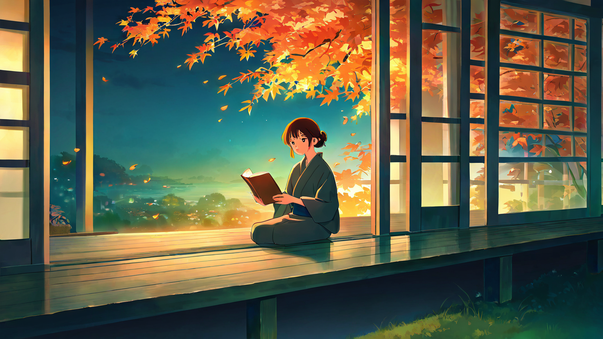 girl reading engawa lofi wallpaper