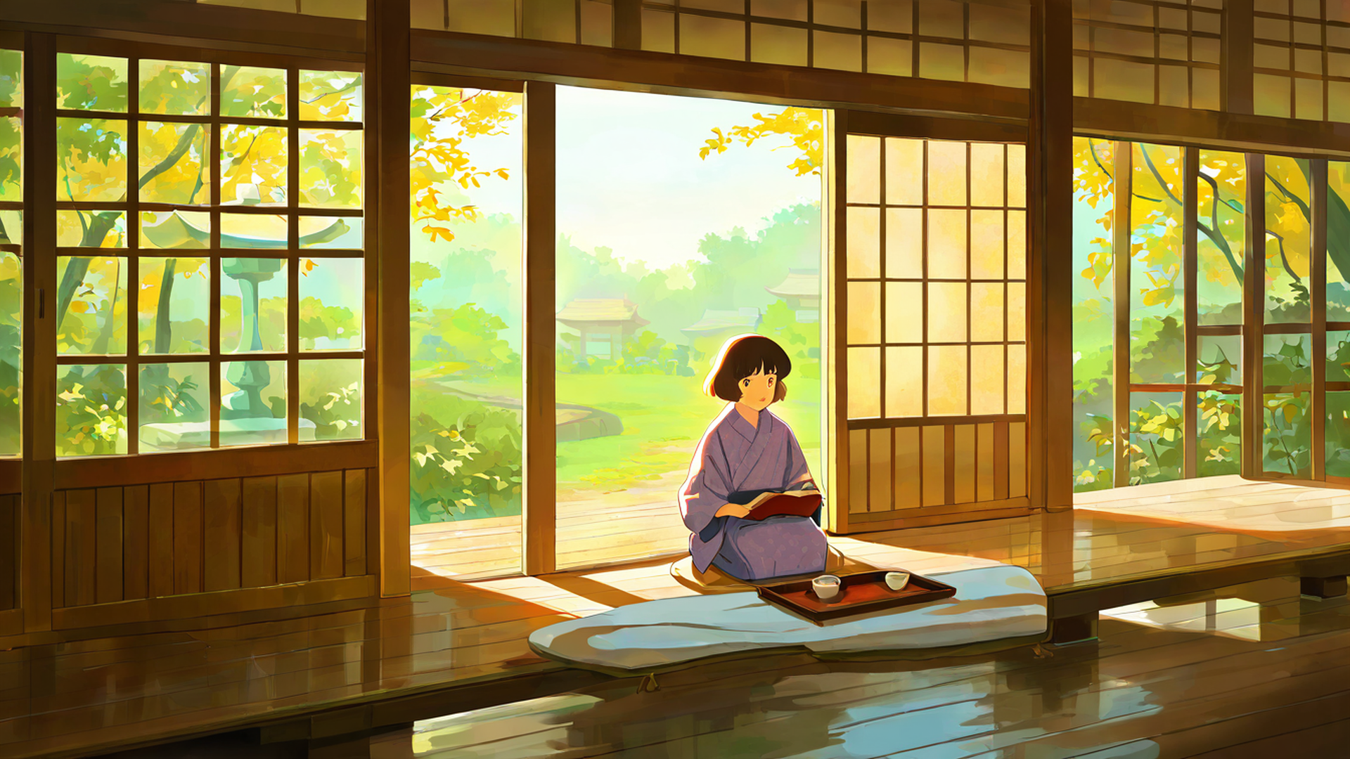 girl reading engawa lofi wallpaper