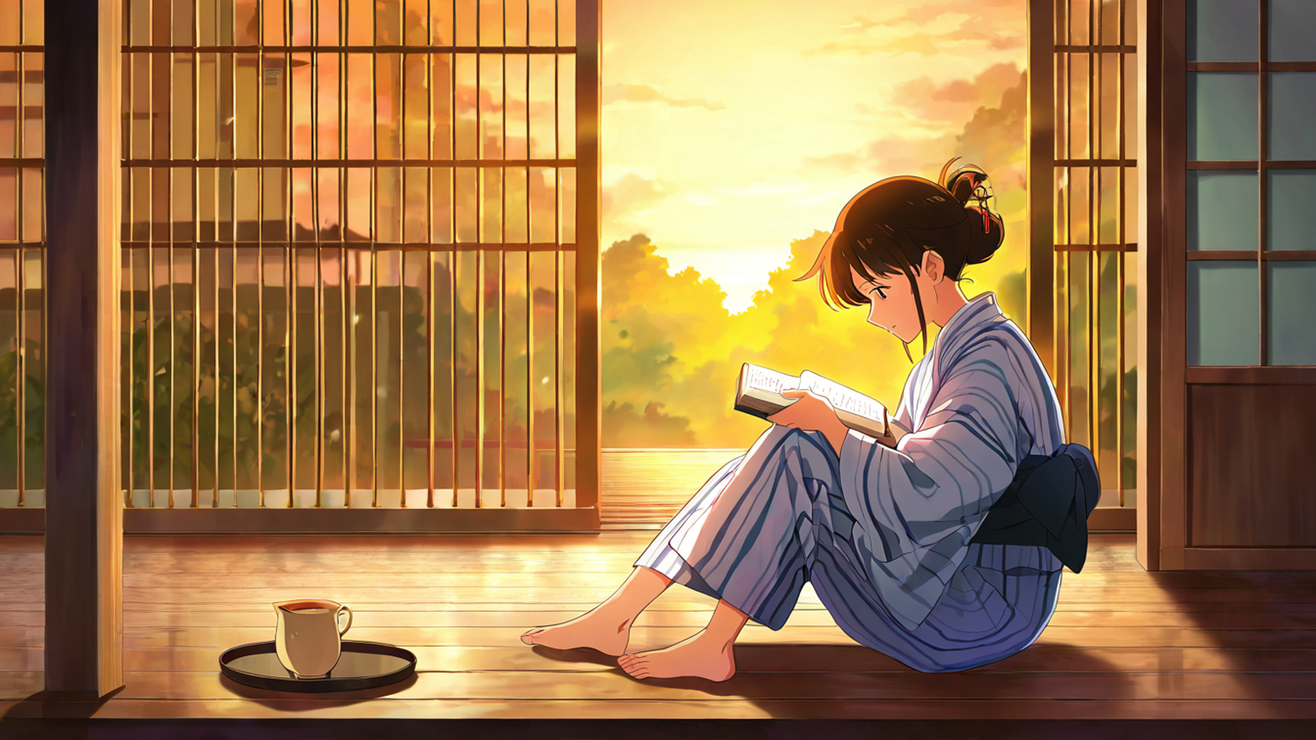 girl reading engawa lofi wallpaper
