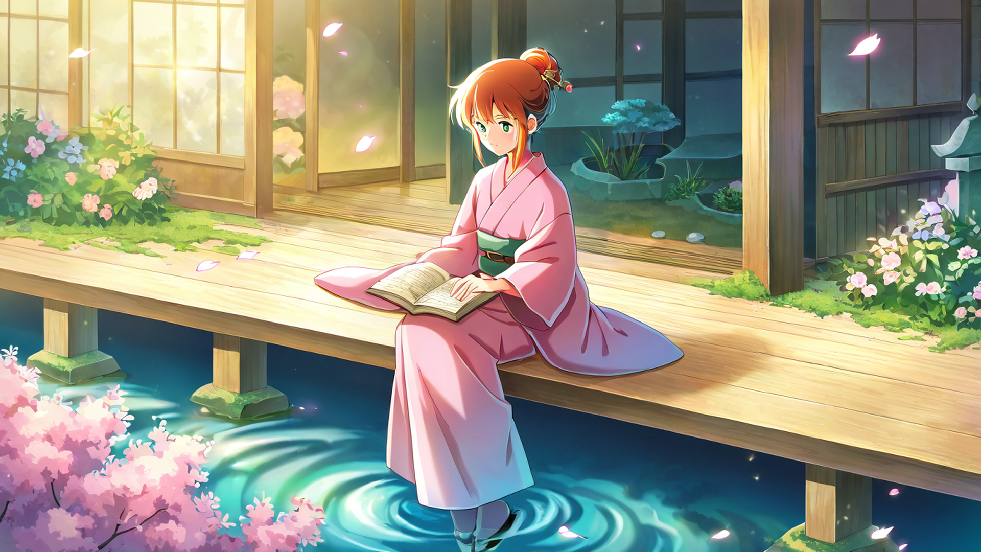 girl reading engawa lofi wallpaper