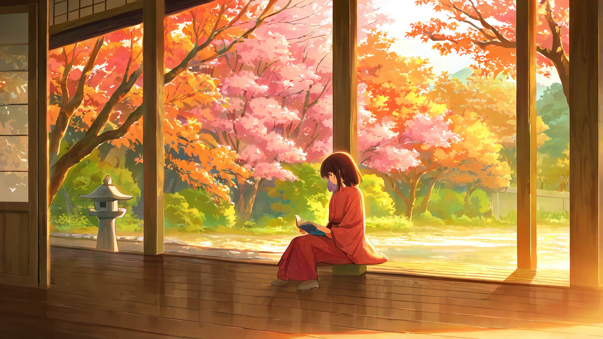 girl reading engawa lofi wallpaper