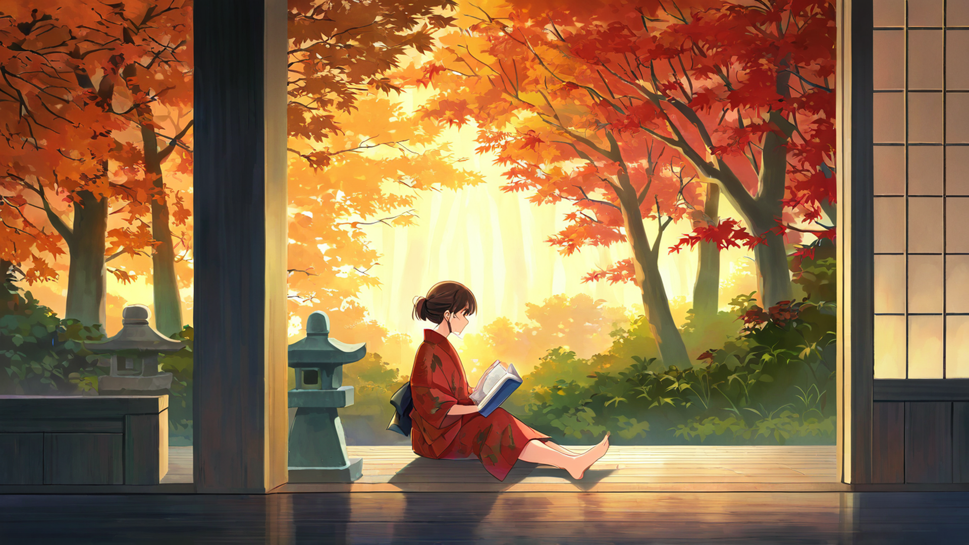 girl reading engawa lofi wallpaper
