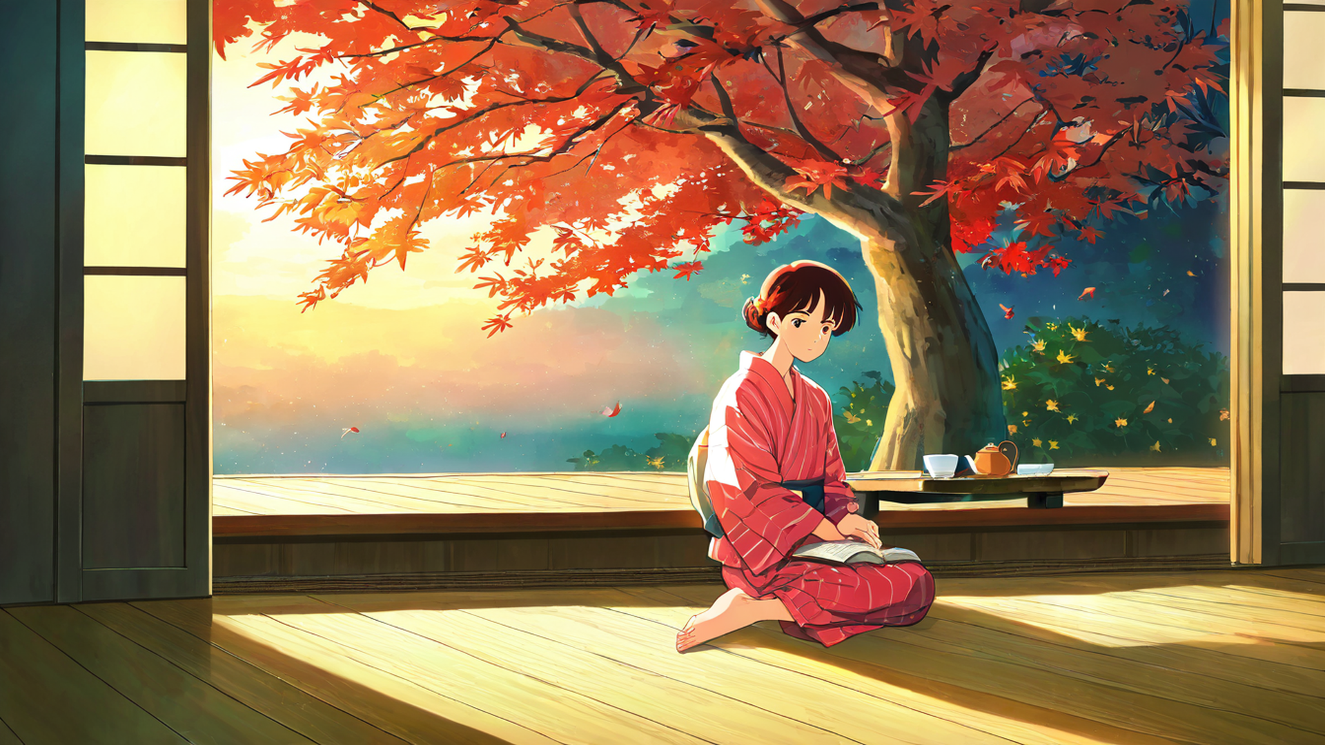 girl reading engawa lofi wallpaper