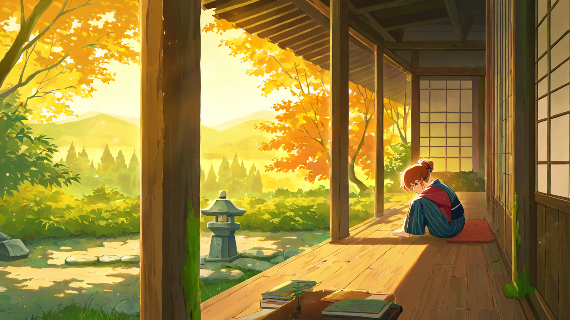 girl reading engawa lofi wallpaper